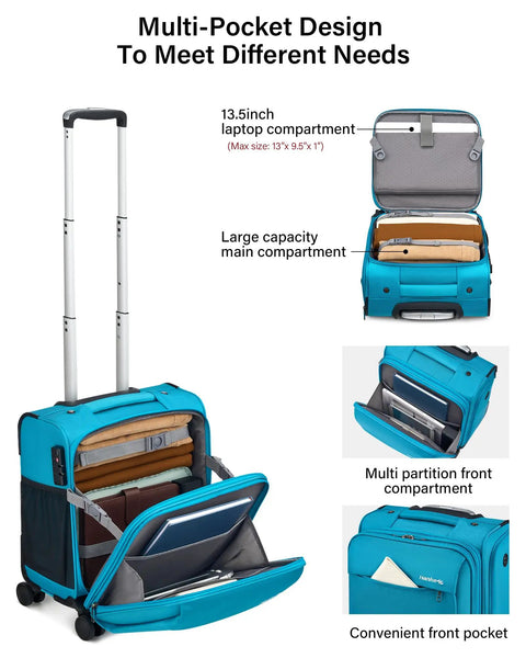 Underseat Carry On Luggage With Wheels 16 Inch Softside Suitcase Lightweight Travel Bag With Telescopic Handle And Quiet 360 Degree Wheels Built In Charging And Headphone Port Caribbean Blue Personal Item For Men And Women showing multi-pocket design with laptop compartment open