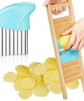 Two-piece blue-handled wave waffle crinkle cutter set with stainless blades; includes wooden slicer and potato chips