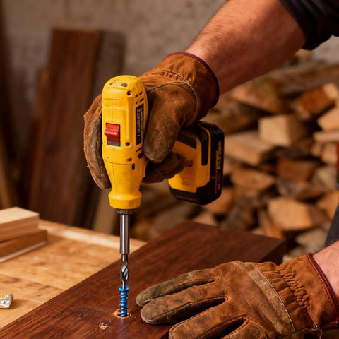 Person using a drill with Blue Concrete Screws Kit With Drill Bit And Driver, securing wood on a workbench.