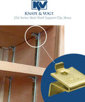 Solid Brass Shelf Support Clips Heavy Duty Cabinet Brackets Easy No Sweat Assembly Pack Of Twelve mounted on shelving.