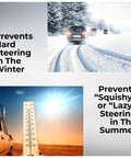 Cars driving in winter snow and summer heat with thermometer, illustrating uses for All Asian Cars Power Steering Fluid PSF Hydraulic And Electric Full Synthetic OEM Grade For Honda Toyota Lexus Acura Nissan Infiniti Mazda Hyundai Kia And More 6 Quart Pack.
