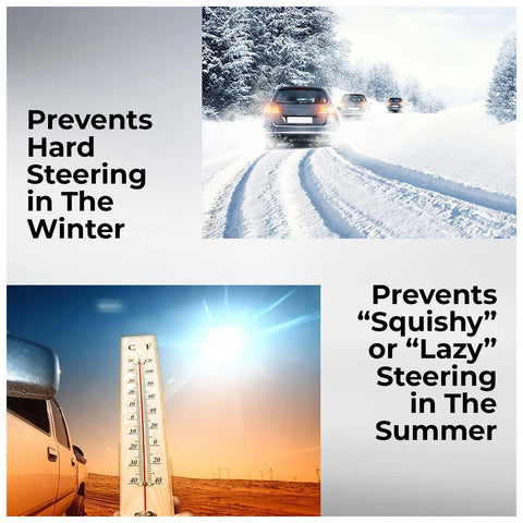 Cars driving in winter snow and summer heat with thermometer, illustrating uses for All Asian Cars Power Steering Fluid PSF Hydraulic And Electric Full Synthetic OEM Grade For Honda Toyota Lexus Acura Nissan Infiniti Mazda Hyundai Kia And More 6 Quart Pack.