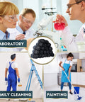 Collage showing 300 Pack Disposable Shoe Covers Non Slip Heavy Duty Black Booties for use in labs, cleaning, and painting
