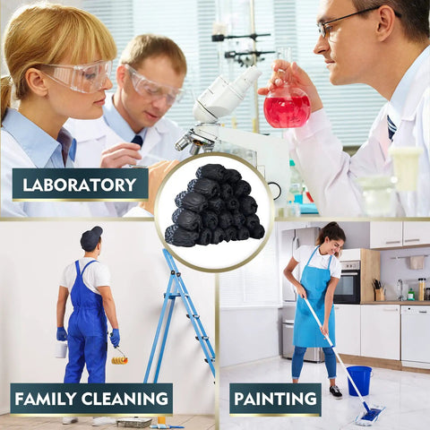 Collage showing 300 Pack Disposable Shoe Covers Non Slip Heavy Duty Black Booties for use in labs, cleaning, and painting