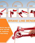 Brake line bender kit in red metal with adjustable flaring dies and copper-coated tubing