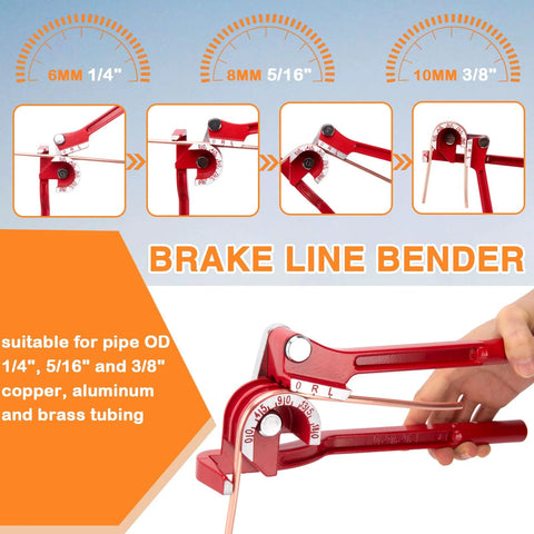 Brake line bender kit in red metal with adjustable flaring dies and copper-coated tubing