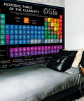 80 By 60 Inch Periodic Table Tapestry Wall Decor For Living Room And Bedroom Polyester Educational Chemistry Elements Pattern School Or Dorm Decor Dope Science Vibe For Classrooms And Home hanging above a bed