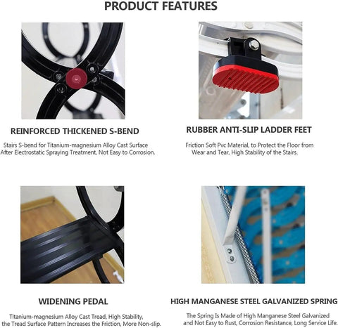 Features of Heavy Duty Electric Pull Down Attic Ladder With Smooth Remote Control, highlighting sturdy S-bend and rubber feet.