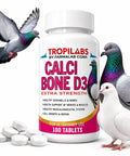 Pigeon Calcium Bone D3 Supplement With Vitamin D3 And Collagen, Extra Strength, with pigeons and tablets visible.
