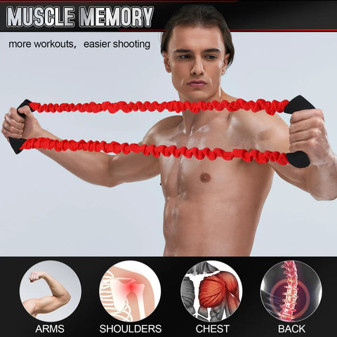 Person using red resistance band from Three Pack Archery Bow Strength Trainer Bands Set With 30 Lbs 40 Lbs And 50 Lbs Resistance
