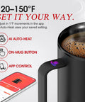 Smart AI Temp Control Heated Coffee Mug With Auto Beverage Detection, showcasing app control and heating features.