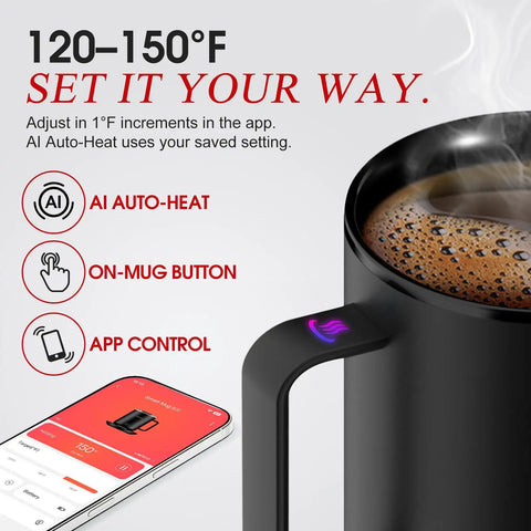 Smart AI Temp Control Heated Coffee Mug With Auto Beverage Detection, showcasing app control and heating features.