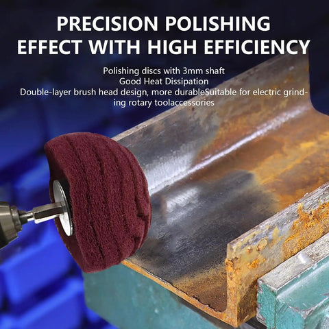 Close-up of red pad from Six Pack Non Woven Abrasive Drill Buffing Wheel Set With 1/4 Inch Shank polishing rusted metal.