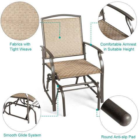 Outdoor Glider Chairs Set Of 2 With Sturdy Metal Frame And Breathable Mesh highlighting armrest and anti-slip pad features.