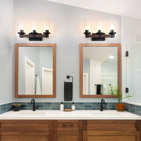 Farmhouse Vanity Lights For Bathroom, 3 Light Wall Sconce Over Mirror With Clear Glass Shades, Vintage Rustic Black Metal Frame
