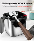Front view of Ourokhome knock box, stainless steel body with wooden-handled knock bar, 4.8-inch, dishwasher safe.