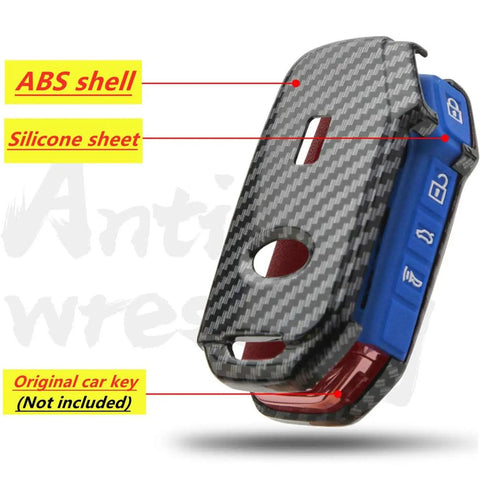 Side view of durable key fob cover for Kia keyless remote with ABS shell and blue glow in the dark silicone pad, fits multiple Kia models.