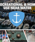 Collage of boats docked, anchor symbol, and close-up of marine corrosion for Beefed Up Bearing Grease For Boats 14 Oz Cartridges Six Pack With Water Resistant Lithium Complex For High Load Bearings Hubs And Boat Parts Prevents Corrosion And Reduces Friction In Saltwater Environments.