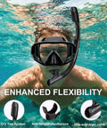 Person snorkeling with Dry Snorkel With Top Dry Valve For Splash Proof Breathing While Snorkeling Or Scuba Diving Food Grade Silicone.