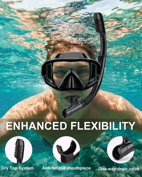 Person snorkeling with Dry Snorkel With Top Dry Valve For Splash Proof Breathing While Snorkeling Or Scuba Diving Food Grade Silicone.