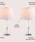 Clear Crystal LED Table Lamp Set Of 2 with white linen shades, hourglass design, chrome finish, energy saving bulbs included.
