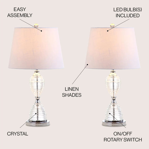 Clear Crystal LED Table Lamp Set Of 2 with white linen shades, hourglass design, chrome finish, energy saving bulbs included.