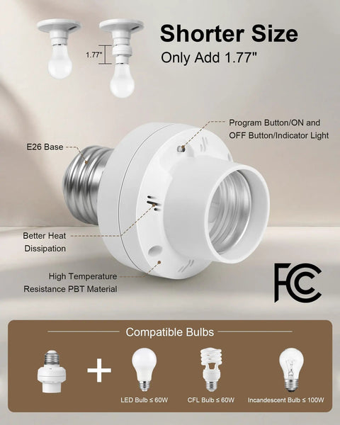 Plug And Play Remote Light Switch For E26 E27 Lamps, No Wiring Needed, 200 Foot Range Wireless Control, size details, FCC logo