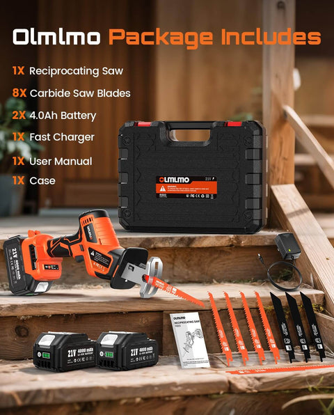 Beast Of A Cordless Reciprocating Saw With 8 Blades, Dual 4000mAh Batteries, Brushless Motor, and accessories displayed on stairs