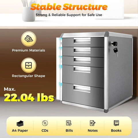 Absolute Game Changer 5 Drawer Metal Desk Organizer With Locks, Slim Desktop File Cabinet For Cable Sorting, Keep Your Office Slick And Dead Simple, Silver Grey Storage Unit, showcasing premium materials and rectangular shape.