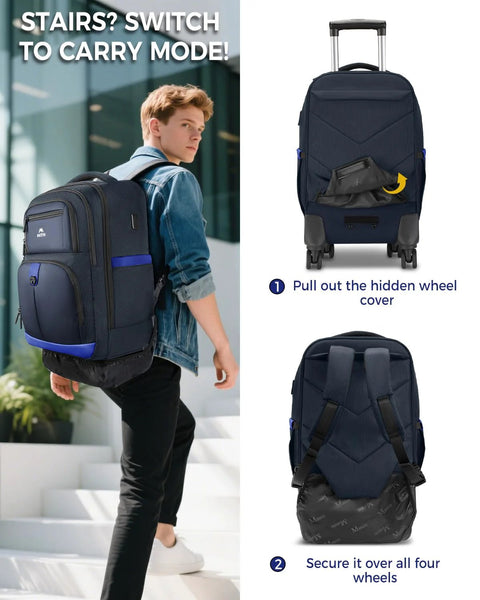 Ein Mann mit einem Rucksack auf Rollen mit vier Rädern, USB-Ladeanschluss und wasserabweisender Roller , die in den Rucksackmodus umgewandelt wurde.