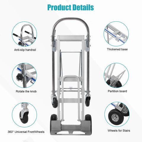 2 In 1 Industrial Convertible Utility Trolley Platform Cart With Reinforced Aluminum Frame 1000 Lb Capacity As Cart And 550 Lb As Stair Climber folded, front view