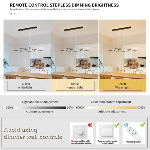 Dope Three Color Dimmable LED Pendant Light with Remote in dining room showing 6000K, 4000K, and 3000K lighting options.