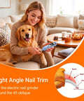 Woman trimming dog's nails using Smooth Sail Five Speed Dog Nail Grinder With Bright Led And Dust Bucket For Zero Drama Furbaby Paw Care Usb Powered Whisper Quiet Electric Grooming Tool For Pups And House Cats Blue.