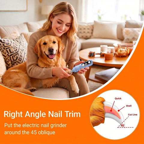Woman trimming dog's nails using Smooth Sail Five Speed Dog Nail Grinder With Bright Led And Dust Bucket For Zero Drama Furbaby Paw Care Usb Powered Whisper Quiet Electric Grooming Tool For Pups And House Cats Blue.