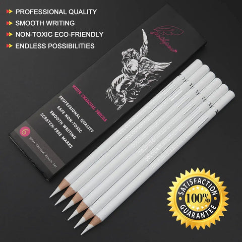 White Charcoal Pencil Set Six Pack For Dark Paper Highlights And Sketching Pro Grade Blendable Pencils displayed with packaging.