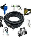 Built Tough Kink Free Air Hose 1/4 Inch By 50 Feet 300 Psi with quick connectors, surrounded by various air tools.