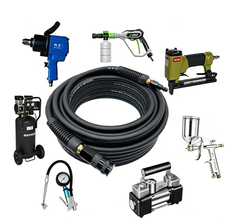 Built Tough Kink Free Air Hose 1/4 Inch By 50 Feet 300 Psi with quick connectors, surrounded by various air tools.