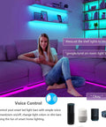 Living room with purple and blue lit shelves and couch using Under Cabinet LED Light Strips With Alexa And Google Home Voice Control