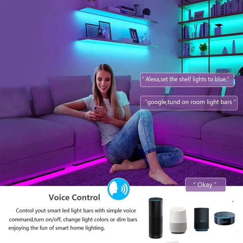 Living room with purple and blue lit shelves and couch using Under Cabinet LED Light Strips With Alexa And Google Home Voice Control