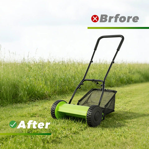 After image of 12 Inch Push Reel Lawn Mower With Adjustable Cutting Height From 0.67 To 1.3 Inches And 5 Blade Power For Effortless, Clean Cuts And Quick Yard Maintenance On Weekends in grass