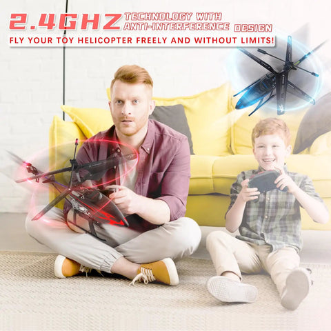 Kid Friendly RC Helicopter With 30 Minute Flight Time And LED Light Effects, Altitude Hold, One Key Takeoff And Landing, Indoor Drone For Boys And Girls Aged 6 Plus, Perfect Christmas And Birthday Gift with father and son playing on sofa