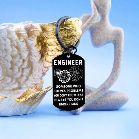 Engraved Engineer Keychain Gift For Men And Students, Cool Graduation Present For Engineers, Electrical Engineering Lovers Gift, Engineer Quote Keychain, Problem Solvers Pride, Perfect Everyday Accessory, on blue background
