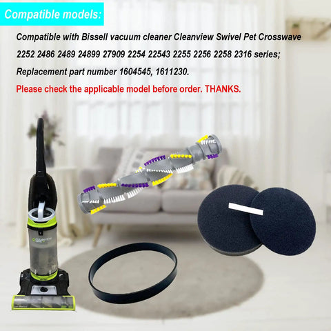Replacement Parts For Cleanview Swivel Pet Crosswave Vacuum includes brush roll, belt, and filters with model compatibility list