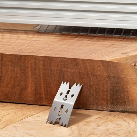 Heavy Duty Stainless Steel Bench Dogs Kit With 6 Clamping Dogs And 12 Screws for router sleds and panel flattening shown on wood