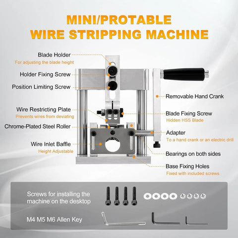 Heavy Duty Manual Wire Stripper With Drill Mount Cable Peeler handles image showing adjustable components and tools for efficient wire stripping.