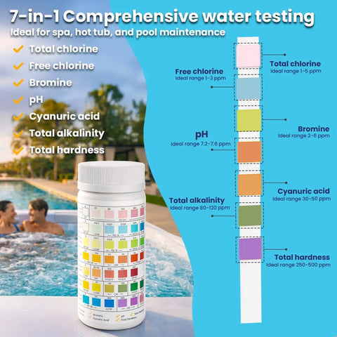 Go To 7 In 1 Pool And Spa Test Strips Kit, 100 Count Water Testing Strips for chlorine, bromine, pH, alkalinity, hardness testing.