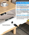 Smart Cabinet Lock With Fingerprint, Remote Unlock, And USB Key Backup shown in a drawer with battery alarm warnings and charging socket.