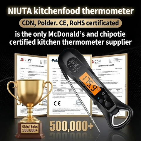 Instant Read Digital Meat Thermometer With Ultra Fast One Second Read, Waterproof Probe, certification background