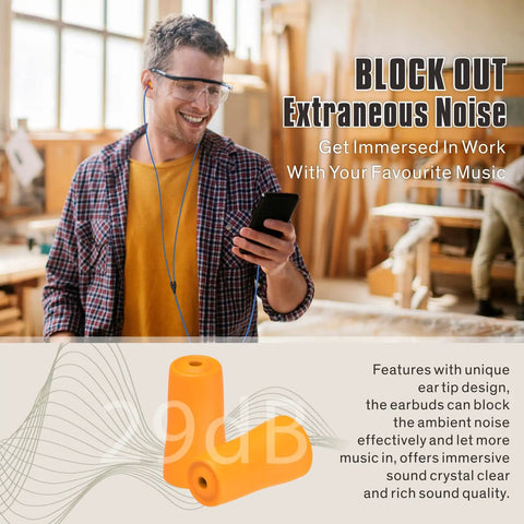 Man wearing worksite earplug headphones with 29dB noise reduction, carrying foam earbud style earphones at a construction site.