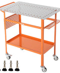 Solid As A Rock Heavy Duty Carbon Steel Welding Table 36 By 24 Inches with pegboard and rolling casters for mobility.